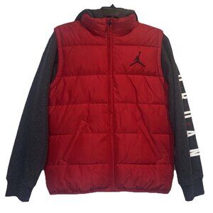 Jordan Puffer Jacket Red Black Hooded Sleeves Logo Spell Out Youth XL 13-15 Yrs
